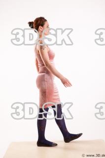 Walking reference of whole body pink dress purple tights black…